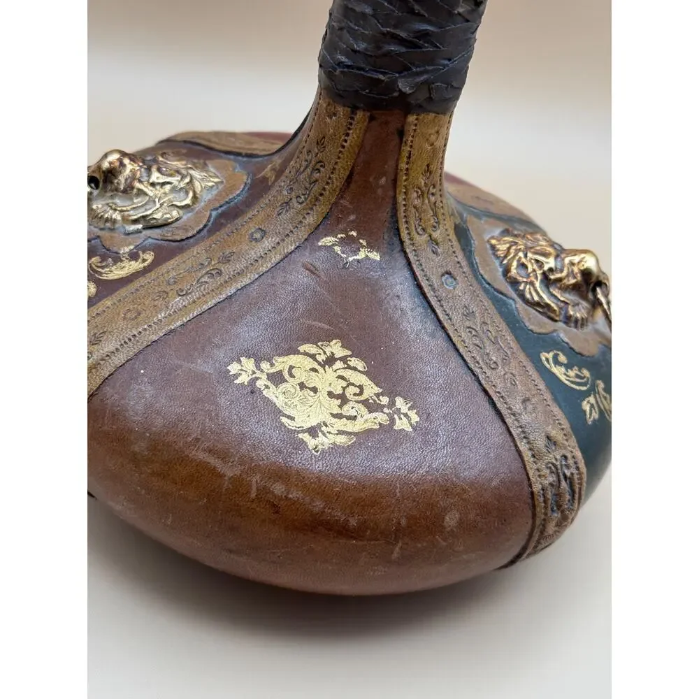 Vintage Italian Leather Wrapped Glass Decanter Lion Head Barware 11.25